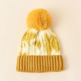 Hair ball knitted hat female ins tide hat tie-dye wool hat autumn and winter warm fashion simple hair ball head cap (Color: turmeric)