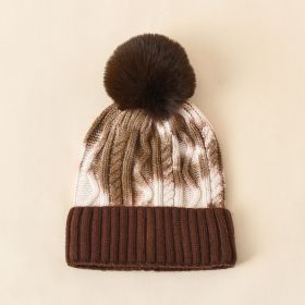 Hair ball knitted hat female ins tide hat tie-dye wool hat autumn and winter warm fashion simple hair ball head cap (Color: Deep coffee)