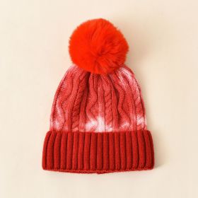 Hair ball knitted hat female ins tide hat tie-dye wool hat autumn and winter warm fashion simple hair ball head cap (Color: Red)