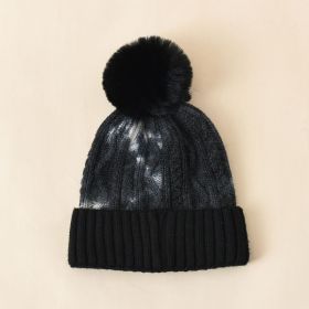 Hair ball knitted hat female ins tide hat tie-dye wool hat autumn and winter warm fashion simple hair ball head cap (Color: Black)