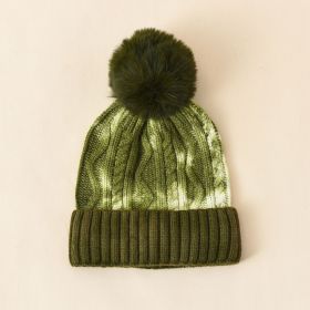 Hair ball knitted hat female ins tide hat tie-dye wool hat autumn and winter warm fashion simple hair ball head cap (Color: Army green)