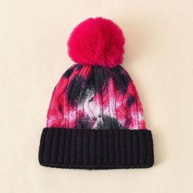 Hair ball knitted hat female ins tide hat tie-dye wool hat autumn and winter warm fashion simple hair ball head cap (Color: Rose Red)