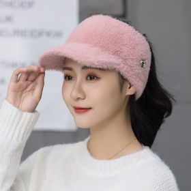 Woman Girl Mink Hair Visor Cap Bee Knitted Autumn Winter Hat Solid Color Elastic Cycling Running Golf Empty Top Cap (Color: PINK)